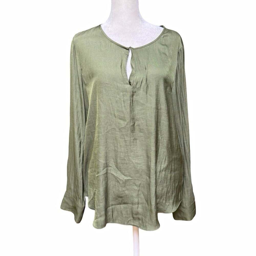 Banana Republic Green Satin Pleated Round Neck Long Sleeve Blouse Size M